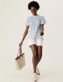 Discount ⭐ M&S Collection Women Pure Cotton Floral Shirred Short Sleeve Top 🎁 -New In Womens Sales 2022 SD 01 T41 1561C Z4 X EC 2