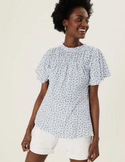 Discount ⭐ M&S Collection Women Pure Cotton Floral Shirred Short Sleeve Top 🎁 -New In Womens Sales 2022 SD 01 T41 1561C Z4 X EC 3