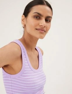 Coupon 🤩 M&S Collection Women Cotton Rich Striped Crew Neck Vest Top 👍 -New In Womens Sales 2022 SD 01 T41 4198 A4 X EC 2