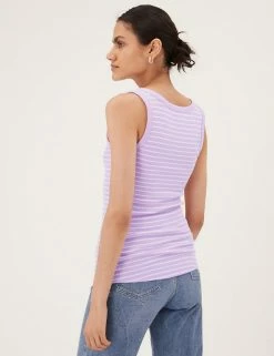 Coupon 🤩 M&S Collection Women Cotton Rich Striped Crew Neck Vest Top 👍 -New In Womens Sales 2022 SD 01 T41 4198 A4 X EC 3