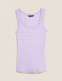 Coupon 🤩 M&S Collection Women Cotton Rich Striped Crew Neck Vest Top 👍 -New In Womens Sales 2022 SD 01 T41 4198 A4 X EC 90