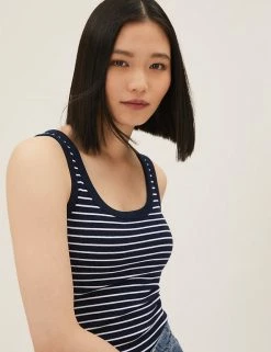 Coupon 🤩 M&S Collection Women Cotton Rich Striped Crew Neck Vest Top 👍 -New In Womens Sales 2022 SD 01 T41 4198 F4 X EC 1