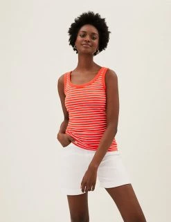 Coupon 🤩 M&S Collection Women Cotton Rich Striped Crew Neck Vest Top 👍 -New In Womens Sales 2022 SD 01 T41 4198 P4 X EC 1