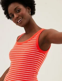 Coupon 🤩 M&S Collection Women Cotton Rich Striped Crew Neck Vest Top 👍 -New In Womens Sales 2022 SD 01 T41 4198 P4 X EC 2