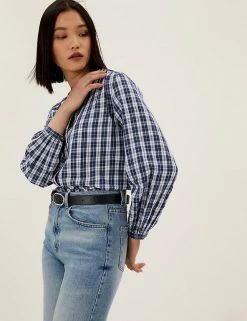 Best Sale ❤️ M&S Collection 👚 Shirts & Blouses Pure Cotton Checked Regular Fit Blouse 🥰 -New In Womens Sales 2022 SD 01 T41 5153W E4 X EC 0