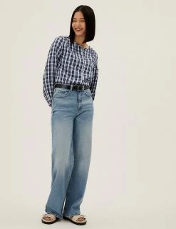 Best Sale ❤️ M&S Collection 👚 Shirts & Blouses Pure Cotton Checked Regular Fit Blouse 🥰 -New In Womens Sales 2022 SD 01 T41 5153W E4 X EC 1