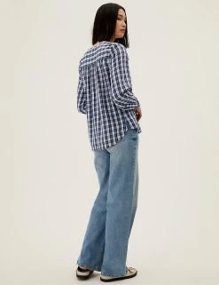 Best Sale ❤️ M&S Collection 👚 Shirts & Blouses Pure Cotton Checked Regular Fit Blouse 🥰 -New In Womens Sales 2022 SD 01 T41 5153W E4 X EC 3