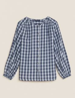 Best Sale ❤️ M&S Collection 👚 Shirts & Blouses Pure Cotton Checked Regular Fit Blouse 🥰 -New In Womens Sales 2022 SD 01 T41 5153W E4 X EC 90