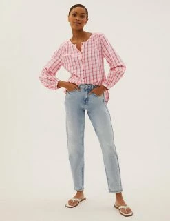Best Sale ❤️ M&S Collection 👚 Shirts & Blouses Pure Cotton Checked Regular Fit Blouse 🥰