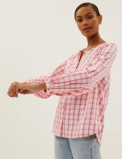 Best Sale ❤️ M&S Collection 👚 Shirts & Blouses Pure Cotton Checked Regular Fit Blouse 🥰 -New In Womens Sales 2022 SD 01 T41 5153W P4 X EC 1
