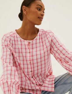 Best Sale ❤️ M&S Collection 👚 Shirts & Blouses Pure Cotton Checked Regular Fit Blouse 🥰 -New In Womens Sales 2022 SD 01 T41 5153W P4 X EC 2