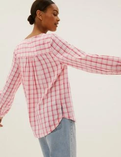 Best Sale ❤️ M&S Collection 👚 Shirts & Blouses Pure Cotton Checked Regular Fit Blouse 🥰 -New In Womens Sales 2022 SD 01 T41 5153W P4 X EC 3