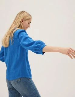 Promo ❤️ M&S Collection 👚 Shirts & Blouses Double Cloth Embroidered 3/4 Sleeve Blouse ✔️ -New In Womens Sales 2022 SD 01 T41 5161W E0 X EC 2