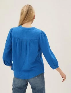 Promo ❤️ M&S Collection 👚 Shirts & Blouses Double Cloth Embroidered 3/4 Sleeve Blouse ✔️ -New In Womens Sales 2022 SD 01 T41 5161W E0 X EC 3