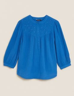 Promo ❤️ M&S Collection 👚 Shirts & Blouses Double Cloth Embroidered 3/4 Sleeve Blouse ✔️ -New In Womens Sales 2022 SD 01 T41 5161W E0 X EC 90