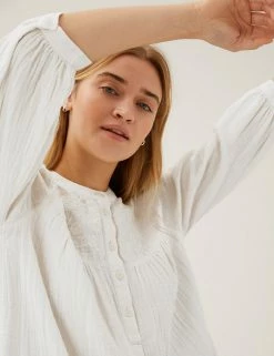 Promo ❤️ M&S Collection 👚 Shirts & Blouses Double Cloth Embroidered 3/4 Sleeve Blouse ✔️