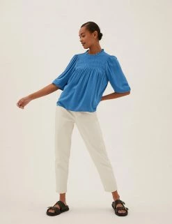 Top 10 ⭐ M&S Collection 👕 Shirts & Blouses Smocked Neck 3/4 Sleeve Blouse ✔️