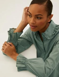 Discount ❤️ M&S Collection 👕 Shirts & Blouses Pure Cotton Regular Fit Frill Detail 👕 Shirt 💯 -New In Womens Sales 2022 SD 01 T41 5169W DW X EC 3