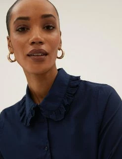 Discount ❤️ M&S Collection 👕 Shirts & Blouses Pure Cotton Regular Fit Frill Detail 👕 Shirt 💯 -New In Womens Sales 2022 SD 01 T41 5169W F0 X EC 1
