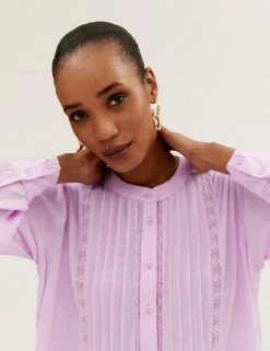 Flash Sale 😀 M&S Collection 👚 Shirts & Blouses Lace Insert Regular Fit Long Sleeve Blouse ⭐ -New In Womens Sales 2022 SD 01 T41 5172W A0 X EC 1