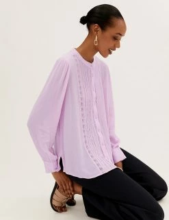Flash Sale 😀 M&S Collection 👚 Shirts & Blouses Lace Insert Regular Fit Long Sleeve Blouse ⭐ -New In Womens Sales 2022 SD 01 T41 5172W A0 X EC 2