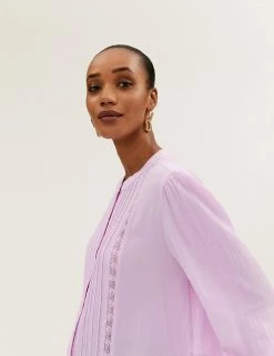 Flash Sale 😀 M&S Collection 👚 Shirts & Blouses Lace Insert Regular Fit Long Sleeve Blouse ⭐ -New In Womens Sales 2022 SD 01 T41 5172W A0 X EC 4