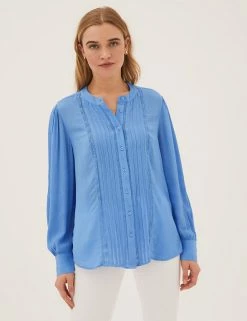 Flash Sale 😀 M&S Collection 👚 Shirts & Blouses Lace Insert Regular Fit Long Sleeve Blouse ⭐ -New In Womens Sales 2022 SD 01 T41 5172W E0 X EC 0