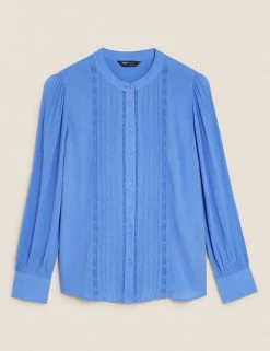 Flash Sale 😀 M&S Collection 👚 Shirts & Blouses Lace Insert Regular Fit Long Sleeve Blouse ⭐ -New In Womens Sales 2022 SD 01 T41 5172W E0 X EC 90