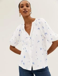 Cheap 😉 M&S Collection 👚 Shirts & Blouses Pure Cotton Floral V-Neck 3/4 Sleeve Blouse ⭐ -New In Womens Sales 2022 SD 01 T41 5174W Z4 X EC 1
