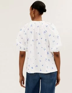 Cheap 😉 M&S Collection 👚 Shirts & Blouses Pure Cotton Floral V-Neck 3/4 Sleeve Blouse ⭐ -New In Womens Sales 2022 SD 01 T41 5174W Z4 X EC 2