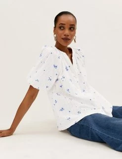 Cheap 😉 M&S Collection 👚 Shirts & Blouses Pure Cotton Floral V-Neck 3/4 Sleeve Blouse ⭐ -New In Womens Sales 2022 SD 01 T41 5174W Z4 X EC 3