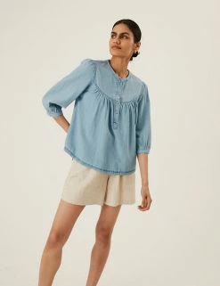 Cheapest ❤️ M&S Collection 👚 Shirts & Blouses Denim Regular Fit 3/4 Sleeve Blouse 💯 -New In Womens Sales 2022 SD 01 T41 5175W XA X EC 1