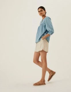 Cheapest ❤️ M&S Collection 👚 Shirts & Blouses Denim Regular Fit 3/4 Sleeve Blouse 💯 -New In Womens Sales 2022 SD 01 T41 5175W XA X EC 2