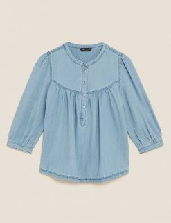 Cheapest ❤️ M&S Collection 👚 Shirts & Blouses Denim Regular Fit 3/4 Sleeve Blouse 💯 -New In Womens Sales 2022 SD 01 T41 5175W XA X EC 90
