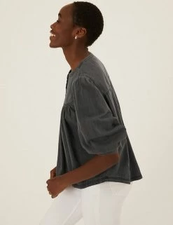 Cheapest ❤️ M&S Collection 👚 Shirts & Blouses Denim Regular Fit 3/4 Sleeve Blouse 💯