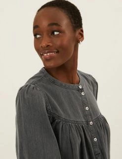 Cheapest ❤️ M&S Collection 👚 Shirts & Blouses Denim Regular Fit 3/4 Sleeve Blouse 💯 -New In Womens Sales 2022 SD 01 T41 5175W Y0 X EC 2