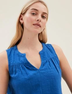 Coupon 😀 M&S Collection Women Pure Cotton Textured Regular Fit Vest Top 😍 -New In Womens Sales 2022 SD 01 T41 5178W E0 X EC 3