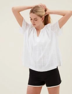 Best deal 🎉 M&S Collection 👕 Shirts & Blouses Pure Cotton Tie Neck Regular Fit Blouse 😉