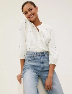 Best reviews of 💯 M&S Collection 👕 Shirts & Blouses Pure Cotton Embroidered Regular Fit Blouse 🔥 -New In Womens Sales 2022 SD 01 T41 5183W KY X EC 0