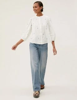 Best reviews of 💯 M&S Collection 👕 Shirts & Blouses Pure Cotton Embroidered Regular Fit Blouse 🔥 -New In Womens Sales 2022 SD 01 T41 5183W KY X EC 1