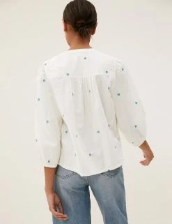 Best reviews of 💯 M&S Collection 👕 Shirts & Blouses Pure Cotton Embroidered Regular Fit Blouse 🔥 -New In Womens Sales 2022 SD 01 T41 5183W KY X EC 2