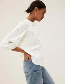 Best reviews of 💯 M&S Collection 👕 Shirts & Blouses Pure Cotton Embroidered Regular Fit Blouse 🔥 -New In Womens Sales 2022 SD 01 T41 5183W KY X EC 3