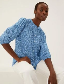 Wholesale ✔️ M&S Collection 👕 Shirts & Blouses Floral Button Detail 3/4 Sleeve Blouse 🔔