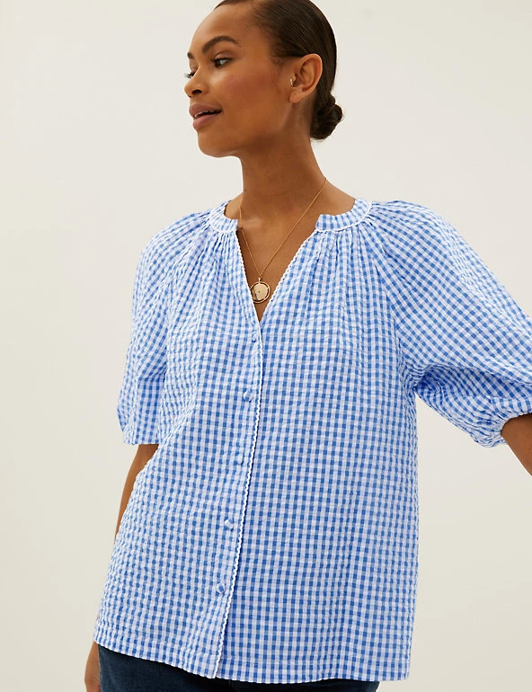 New 🎉 M&S Collection 👚 Shirts & Blouses Pure Cotton Checked Regular Fit Blouse 🔔 4 New 🎉 M&S Collection 👚 Shirts & Blouses Pure Cotton Checked Regular Fit Blouse 🔔 - Image 4