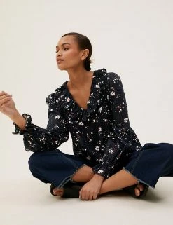 Best Pirce 🤩 M&S Collection 👚 Shirts & Blouses Pure Cotton Floral Regular Fit Blouse 😀 -New In Womens Sales 2022 SD 01 T41 5201W BB X EC 3