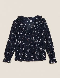 Best Pirce 🤩 M&S Collection 👚 Shirts & Blouses Pure Cotton Floral Regular Fit Blouse 😀 -New In Womens Sales 2022 SD 01 T41 5201W BB X EC 90