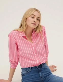 Outlet 🤩 M&S Collection 👕 Shirts & Blouses Pure Cotton Striped Regular Fit 👕 Shirt 🌟 -New In Womens Sales 2022 SD 01 T41 5210W A4 X EC 2