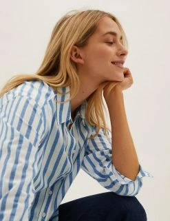 Outlet 🤩 M&S Collection 👕 Shirts & Blouses Pure Cotton Striped Regular Fit 👕 Shirt 🌟 -New In Womens Sales 2022 SD 01 T41 5210W E4 X EC 3