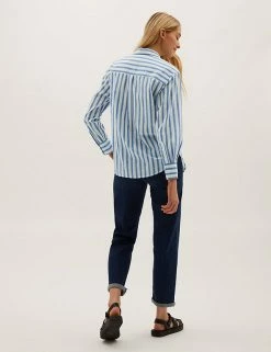 Outlet 🤩 M&S Collection 👕 Shirts & Blouses Pure Cotton Striped Regular Fit 👕 Shirt 🌟 -New In Womens Sales 2022 SD 01 T41 5210W E4 X EC 4