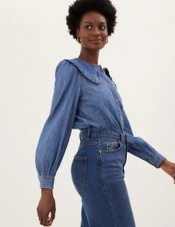 Coupon 🤩 M&S Collection 👚 Shirts & Blouses Denim Oversized Collared Regular Fit Blouse ⭐ -New In Womens Sales 2022 SD 01 T41 5212W QQ X EC 2